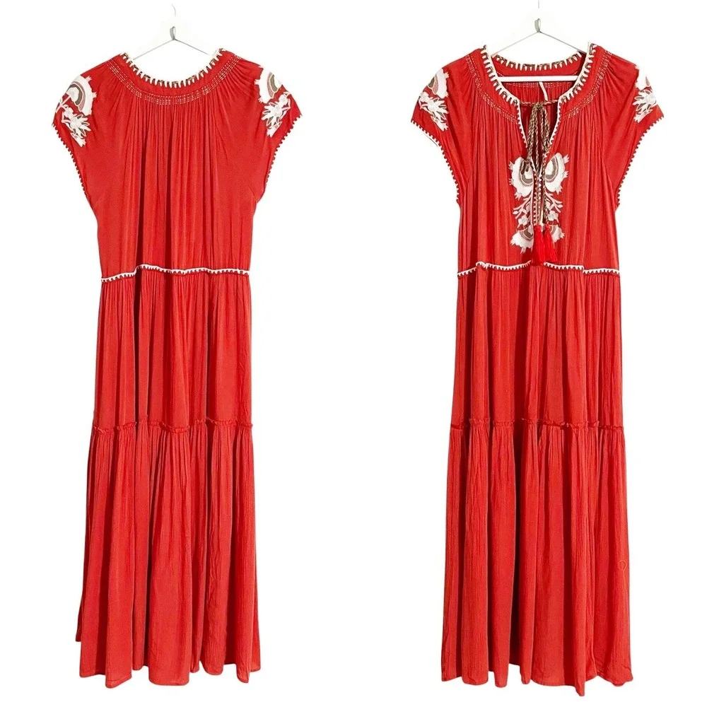 Free People Daisy Fields Maxi Dress Embroidered Tassel Tie Bohemian Boho XS - Picture 10 of 12